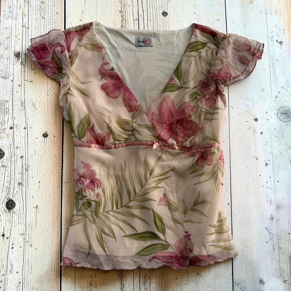 Floral Chiffon Blouse Flutter Sleeve Empire Waist Pink Women Medium Studio Y